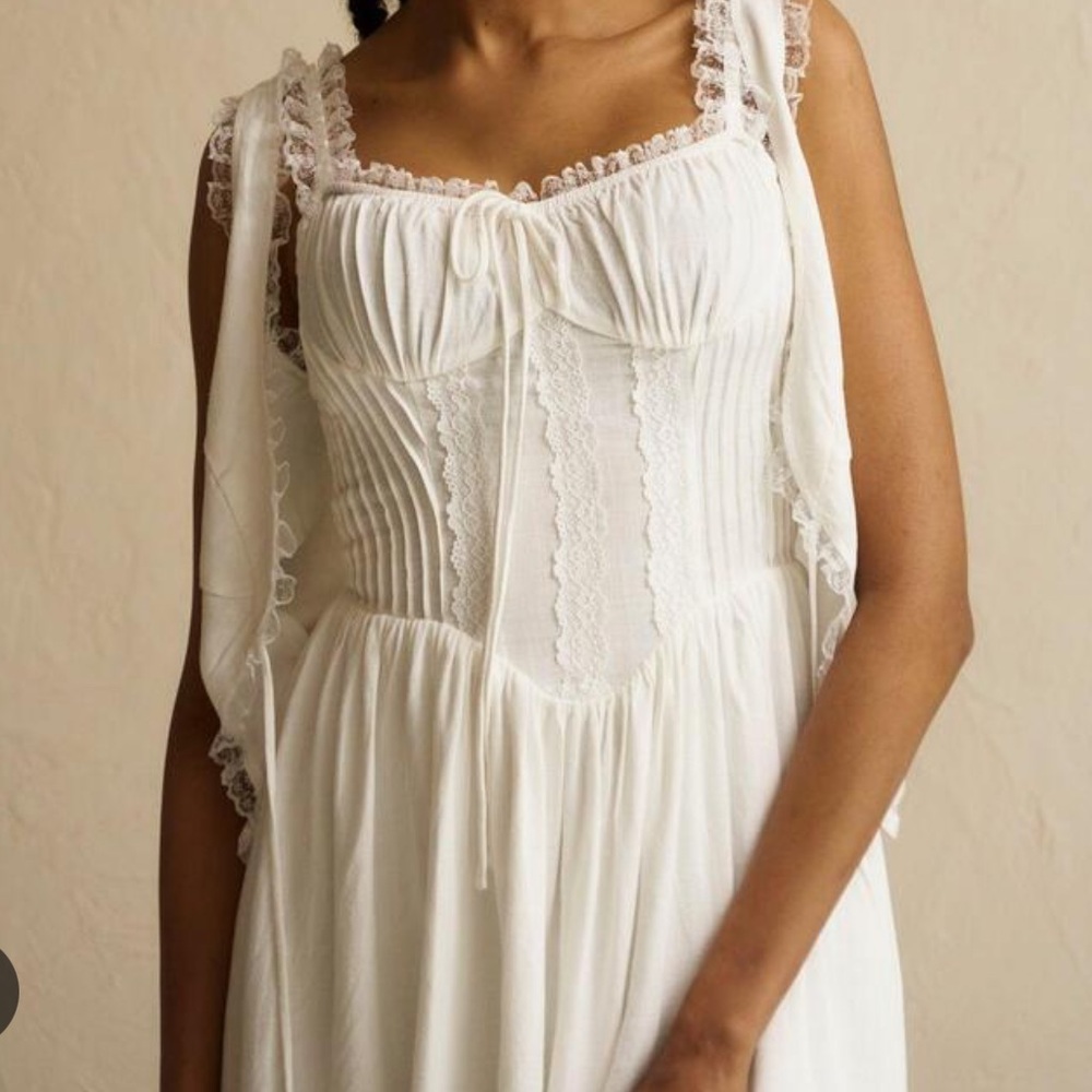 NWT NOTHING FITS BUT White Linen Corset Midi Lace-Trimmed Dress and Vest Set